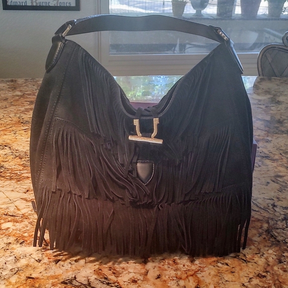 Calvin Klein black "leather" fringed shoulder bag preowned good cond inside out. - Picture 7 of 16
